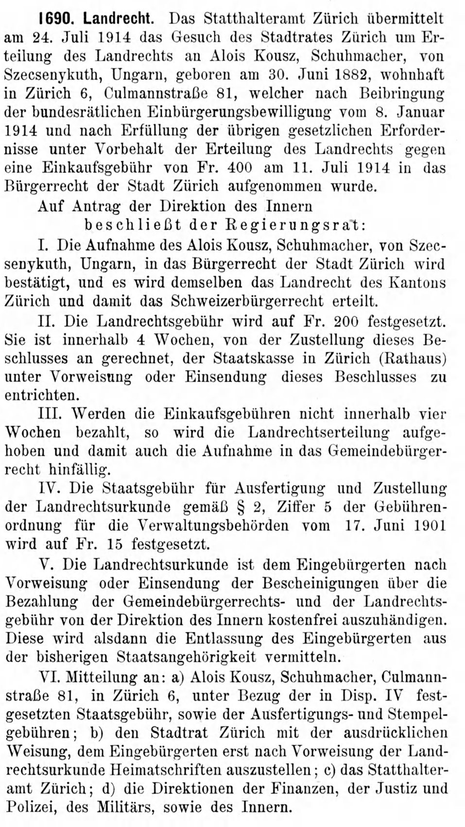 Faksimile der Einbürgerungsunterlagen von Alois Kousz, 1914