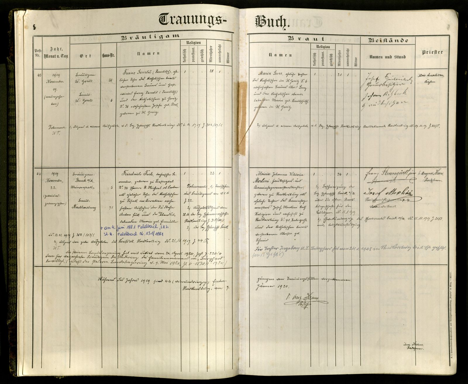 Trauungsbuch 11 der Pfarre Bad Radkersburg, 1919