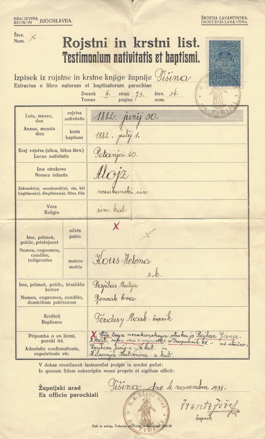 Geburts- und Taufschein von Alois Kous, Pfarre Tišina, 1882 und 1938