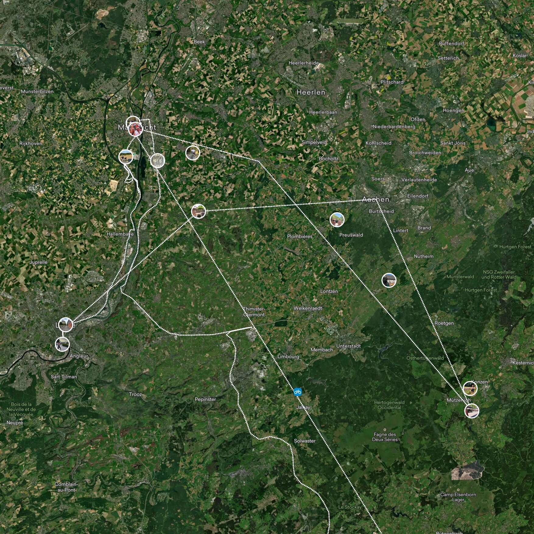 Die Route als Satellitenkarte – alle Footprints zwischen Maastricht, Liège, Aachen und Monschau